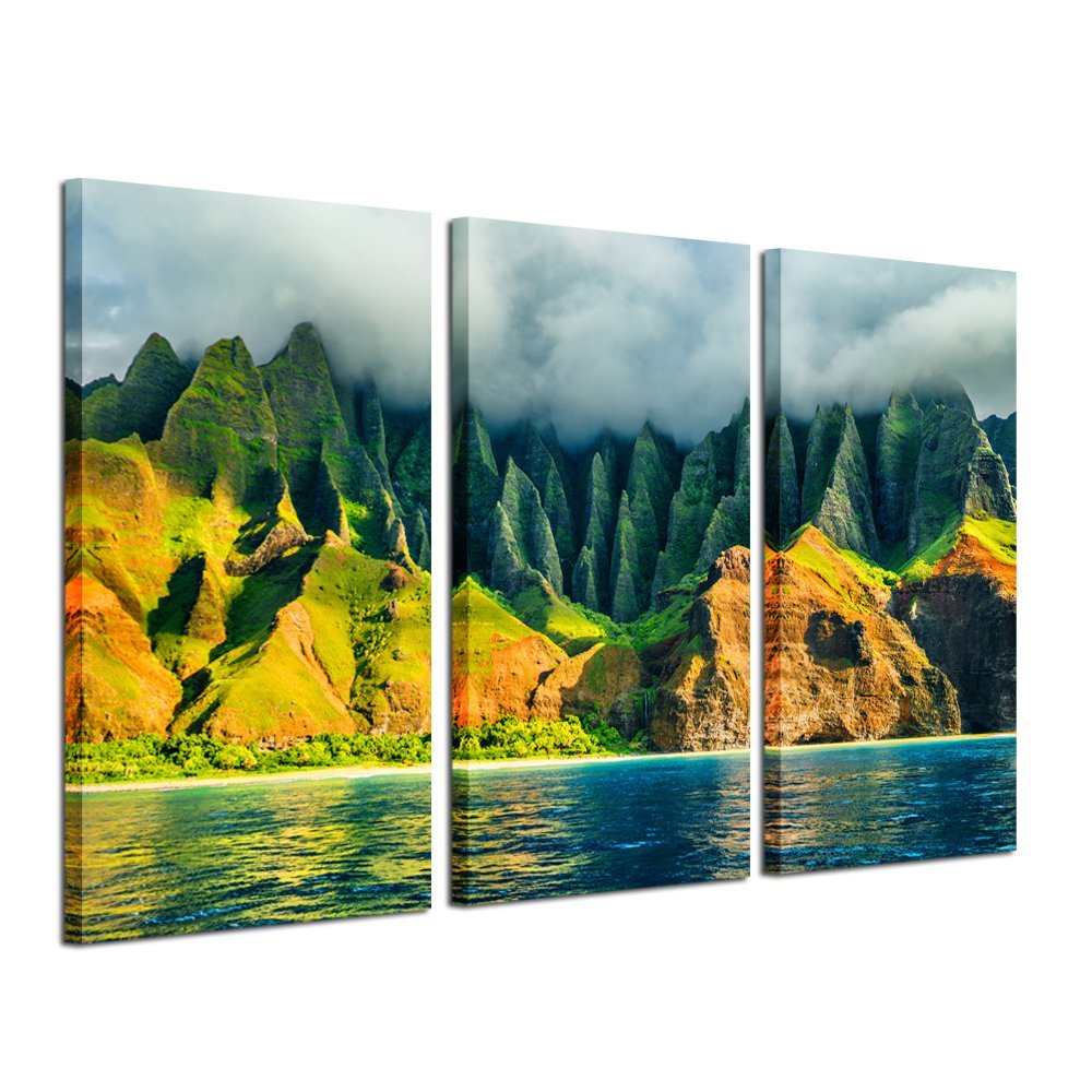 iKNOW FOTO Large 3 Panel Canvas Wall Art Na Pali coast Kauai Hawaii Sea Sunset Cruise Tour Pictures Prints Nature Coastline Landscape Travel Photography Framed Artwork for Home Decor 16x32inchx3pcs