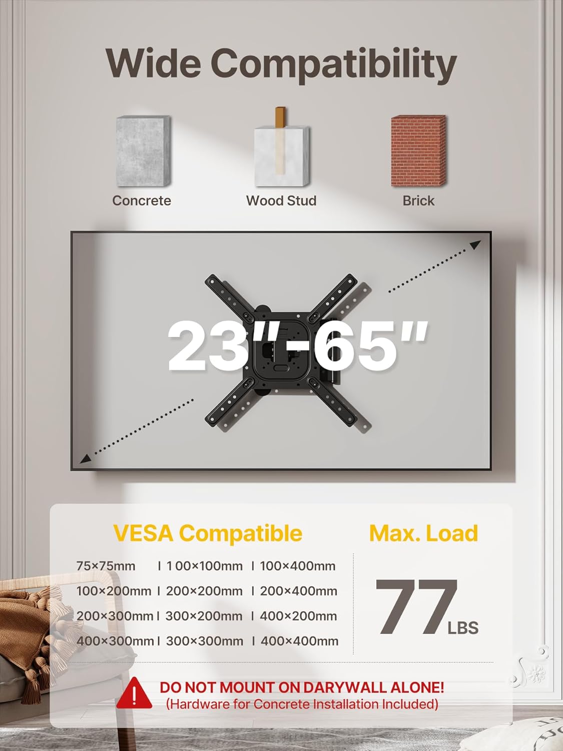 monTEK Full Motion TV Wall Mount - Swivel & Tilt Bracket for 23–65 Inch TVs | Max VESA 400x400mm, Holds 77 lbs