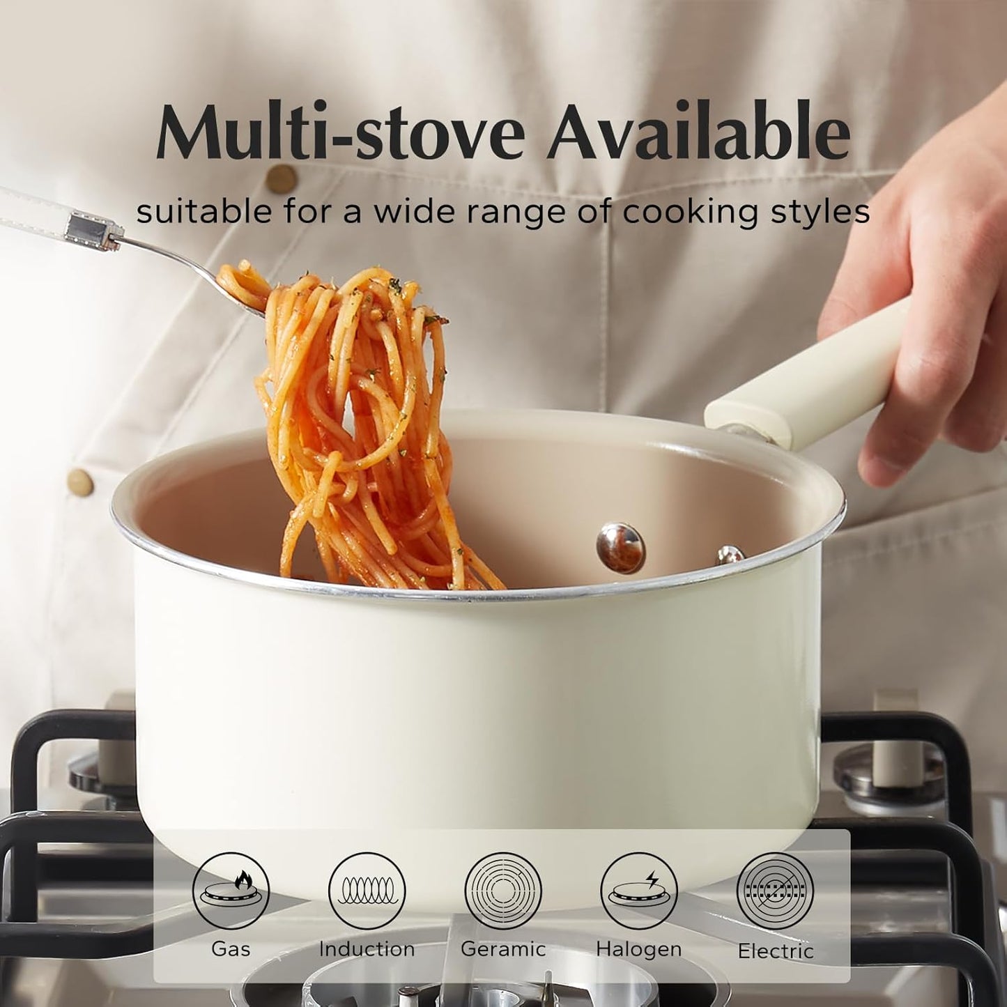 Redchef Ceramic Nonstick Saucepan - 2.5QT Non-Toxic Cooking Pot with Lid | PFAS-Free, Cool Handle, White