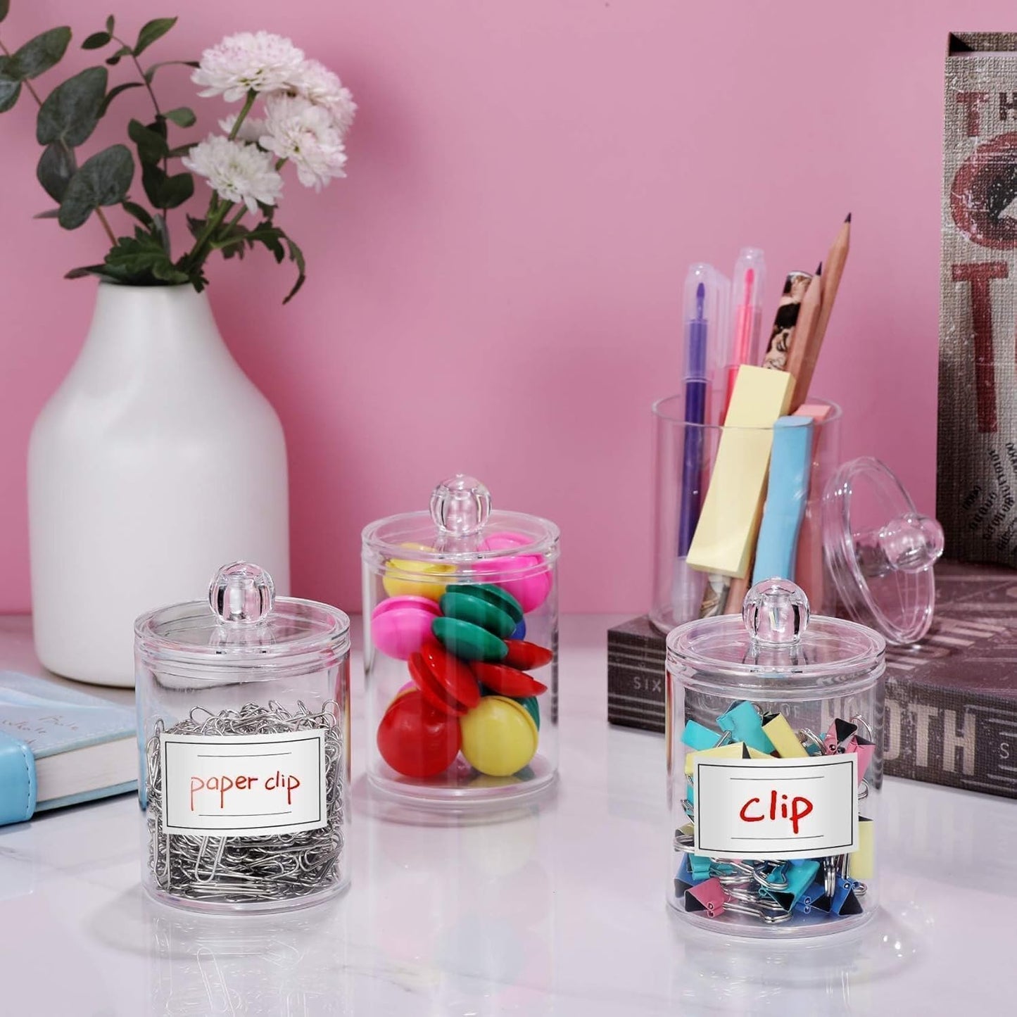 Skiennix Acrylic Qtip Holder Dispenser - 4 Pack Clear Canisters for Cotton Swabs & Makeup Storage