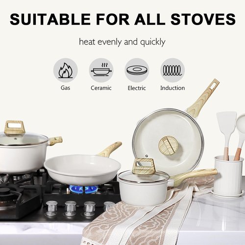 GiPP Pots and Pans Set Non Stick - 10 Pcs White Granite Kitchen Cookware Sets Nonstick Induction Cookware Non-toxic Cooking Pan Set with Lids, PFOS and PFOA Free