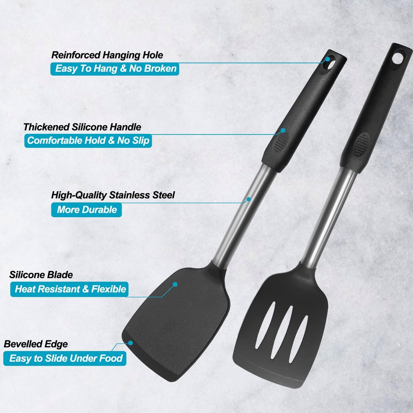 Skiennix Silicone Spatula Set - 2 Pack Solid & Slotted Turners with Stainless Steel Handles | Heat Resistant, Non-Stick, Black