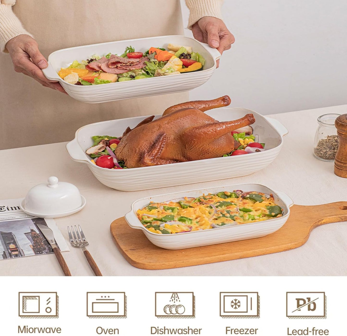 Regine Switzerland Baking Dish Set - Ceramic Casserole Dishes for Oven | 3 Rectangular Sizes in Arctic White