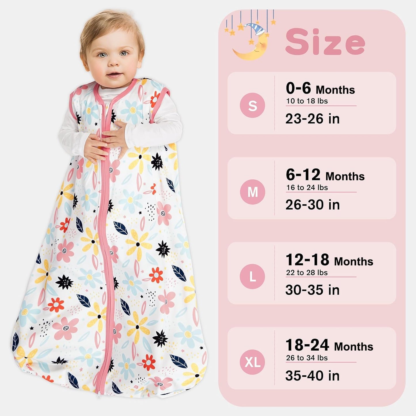 BSTOPPT 3 Pack Baby Sleep Sack 6-12 Months 100% Rayon Cotton Baby Sleeping Bag 2-Way Zipper Toddler Wearable Blankets TOG 0.3 （Heart&Pink&Floral）