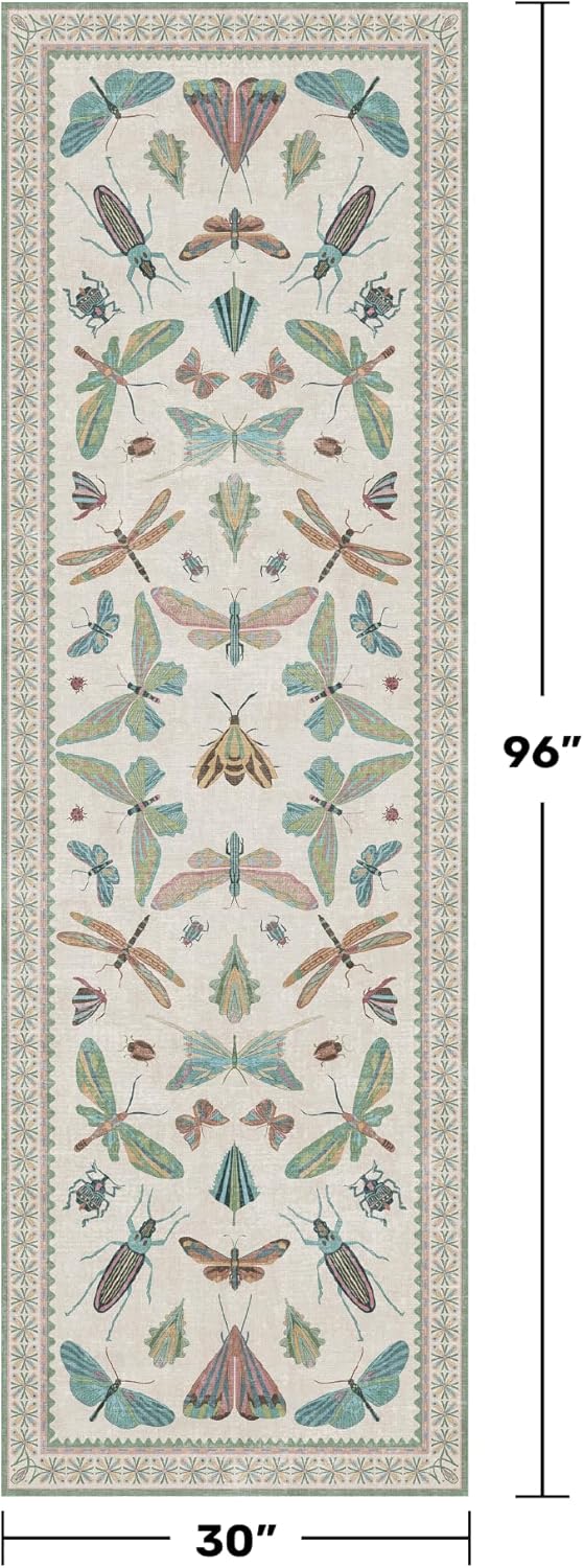 Skiennix Insect Print 8ft Hallway Runner Rug - Light Green, Washable Non-Slip Design for Entryways