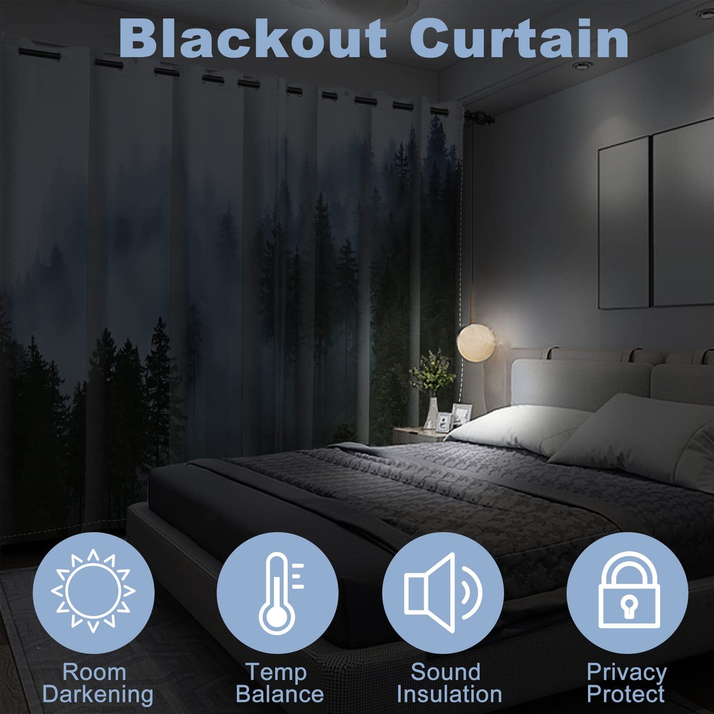 AWERT Blackout Curtains for Bedroom Light Blue Tree with Fog Nature Forest Curtains 2 Panels for Living Room Heat Blocking 42x84inch