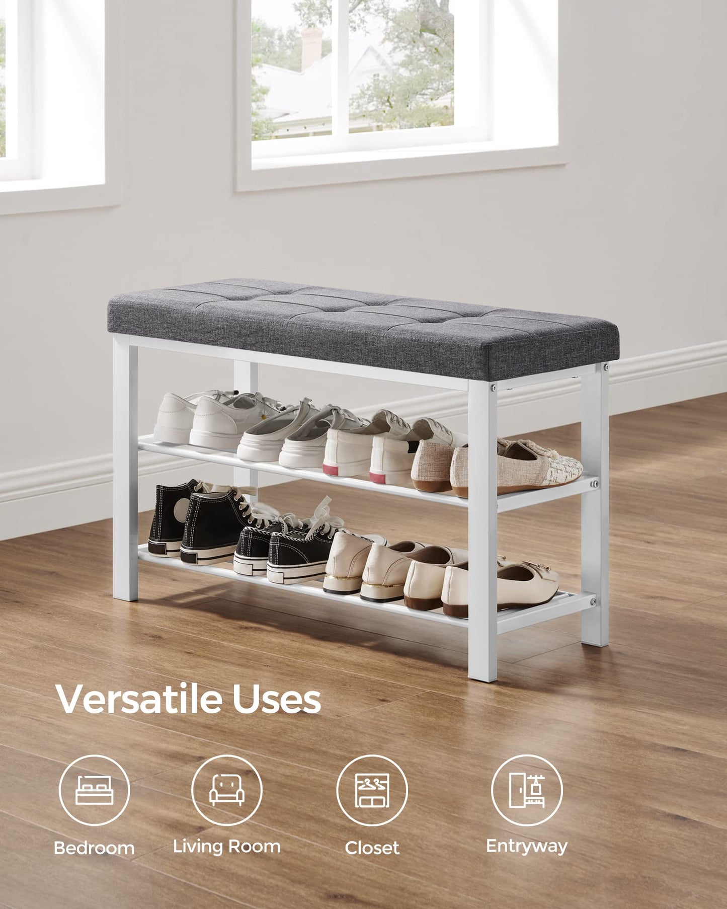 SONGMICS Shoe Bench, Storage Bench, Entryway Bench with Cushion, Shoe Shelf with Seat, Space-Saving, Modern Style, for Living Room, Bedroom, Hallway, Dark Gray and Cloud White ULBS057W01