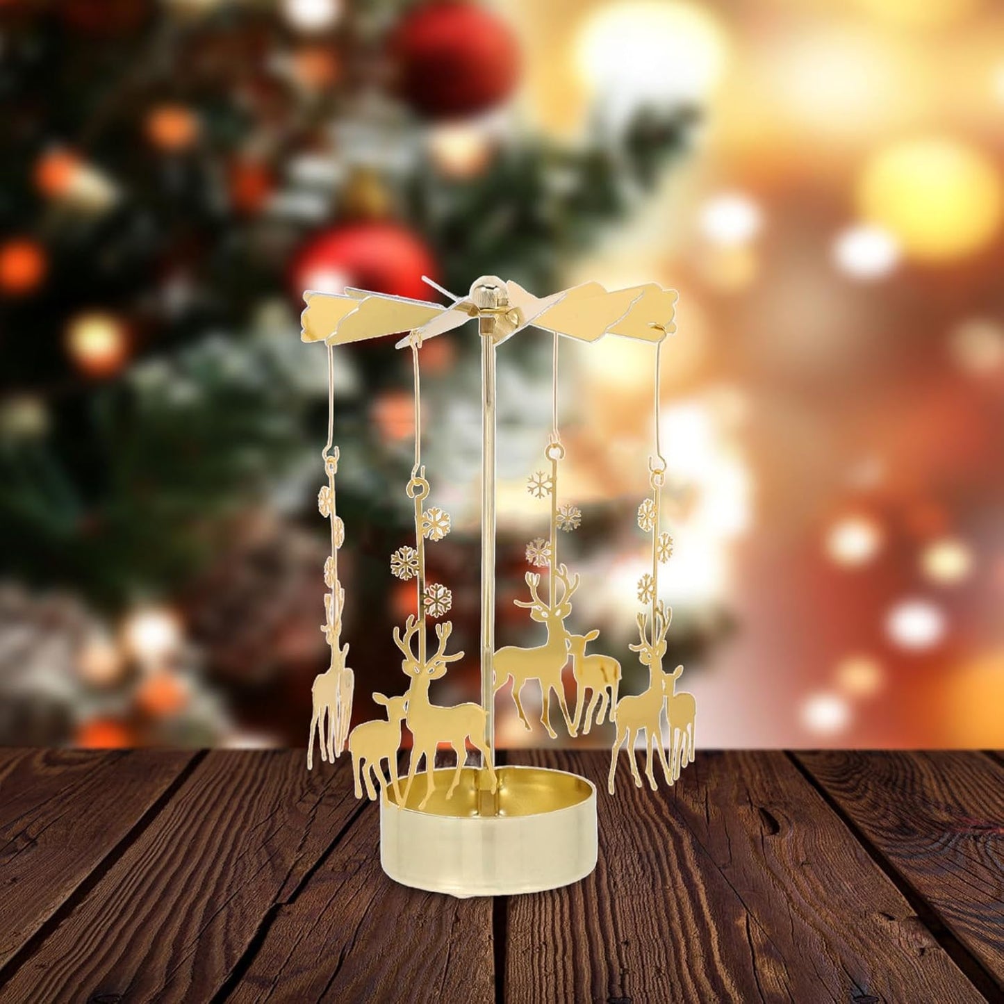 Zerodeko 3pcs Rotary Candle Holder Set - Christmas Tree, Snowflake & Reindeer Design | Metal Spinning Windmill Tea Light Holders for Festive Home Decor