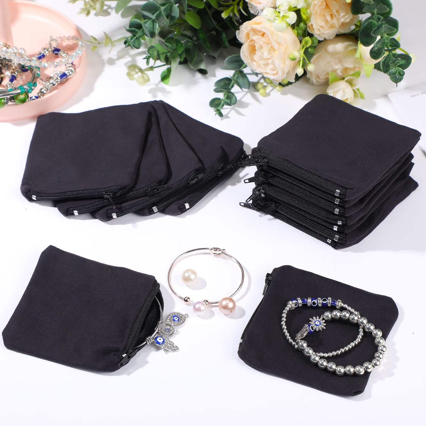 Geosar 24 Pcs Silver Storage Bags Anti Tarnish Jewelry Storage Bags Zippered Keeper for Silverware Jewelry(4 x 4 Inch,Black)