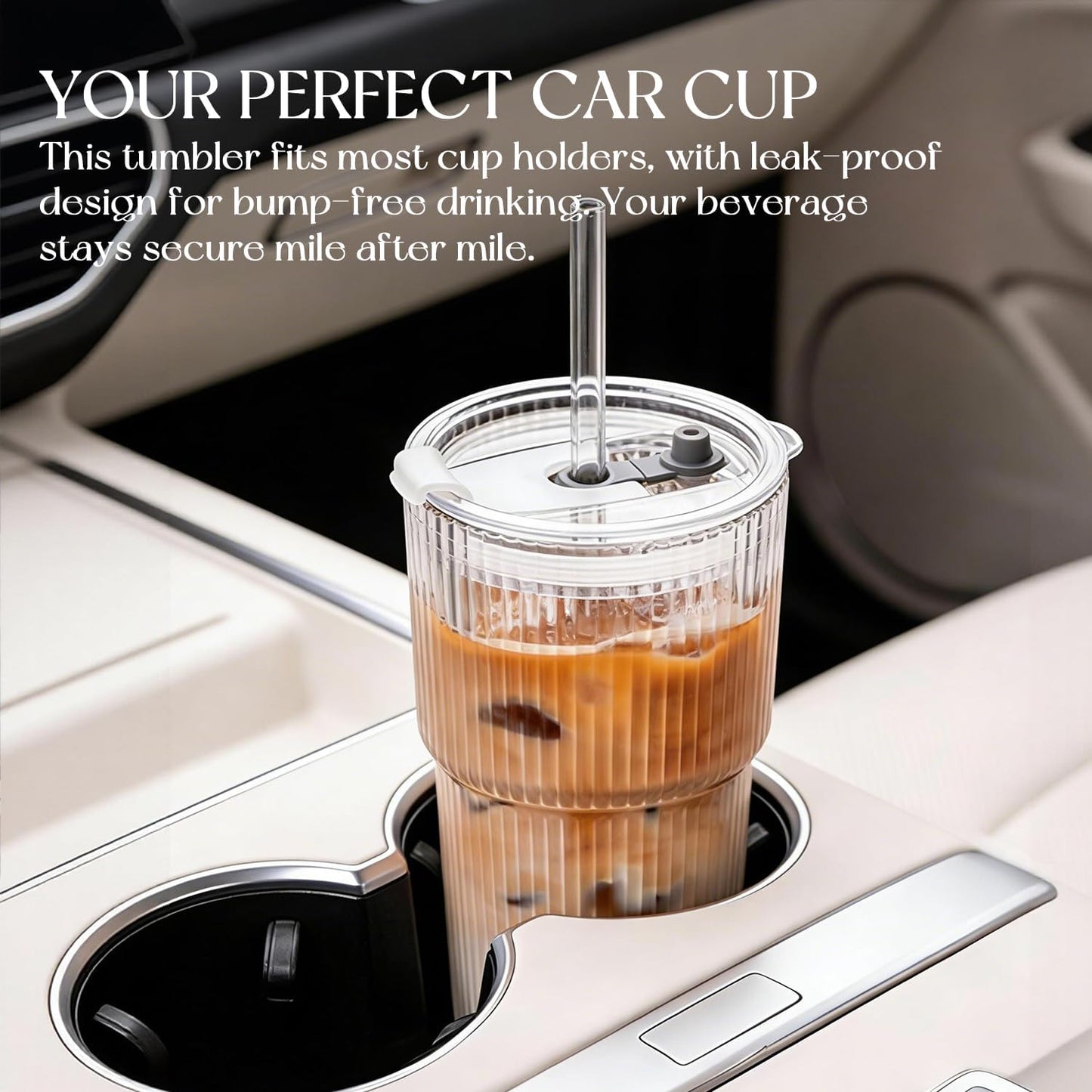 KEMORELA 20 oz Ribbed Glass Tumblers - Vintage Iced Coffee Cups with Lids & Straws | Reusable Clear Glassware