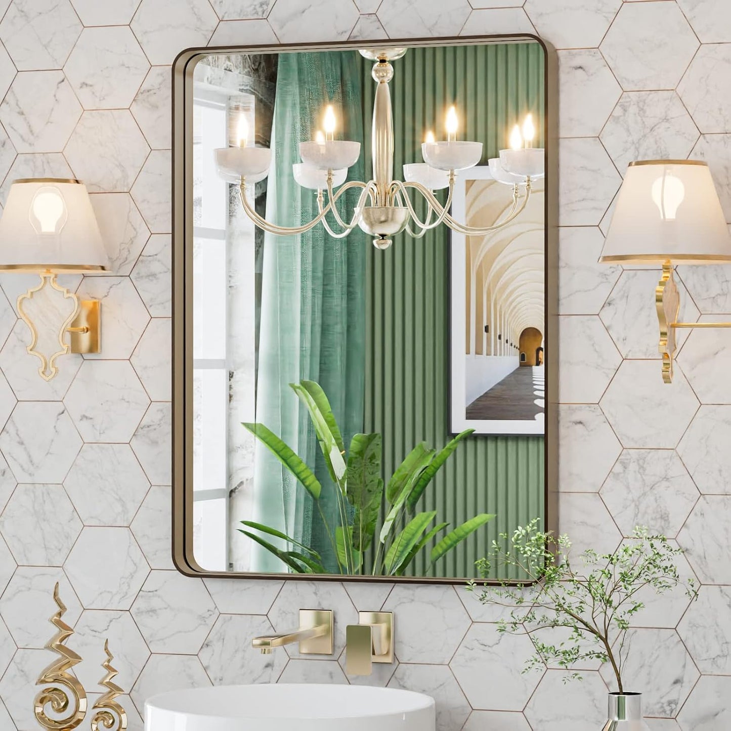LOAAO Bronze Bathroom Mirror - 20”X30” Rounded Rectangle Design with Anti-Rust Brushed Frame | Versatile Hanging Options