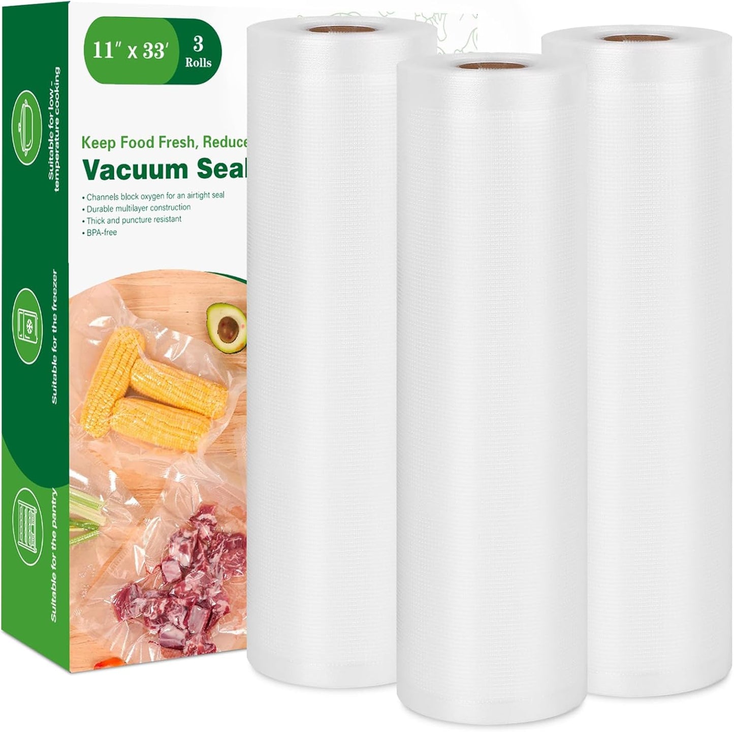 Moretoes Vacuum Sealer Bags - 3 Rolls 11" x 33' | BPA-Free Food Storage Bags for Sous Vide & Meal Prep