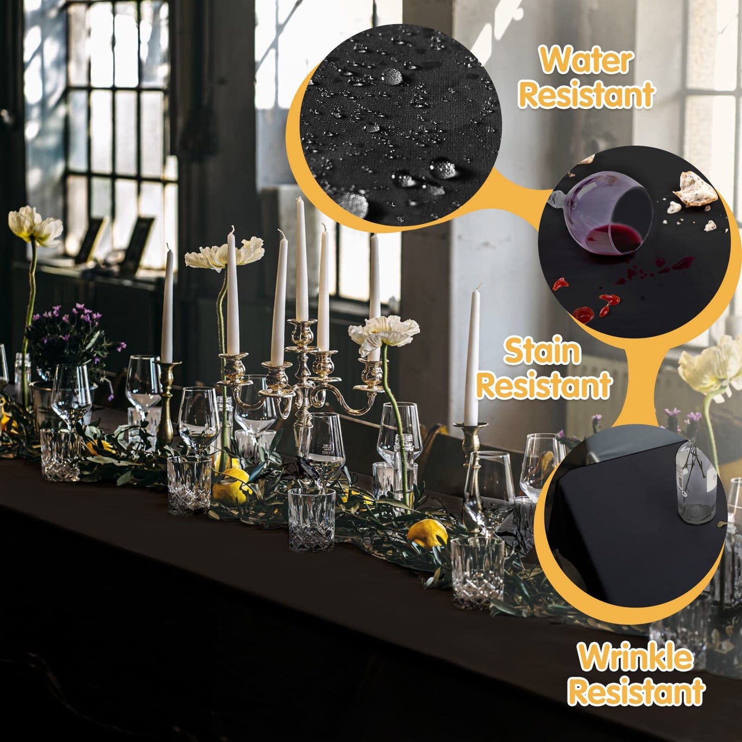 BRILLMAX 6 Pack Black Tablecloths 60 x 126 Inch for 8ft Rectangle Tables - 150 GSM Polyester Fabric, 15" Standard Drop, Water, Stain & Wrinkle Resistant Cloth Cover for Wedding Banquet Dining Buffet