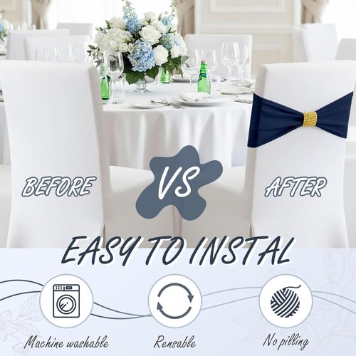 Hahafelt Spandex Chair Sashes with Rhinestone Buckle - 100 Pcs Navy Blue Bowknot Ties for Weddings & Events