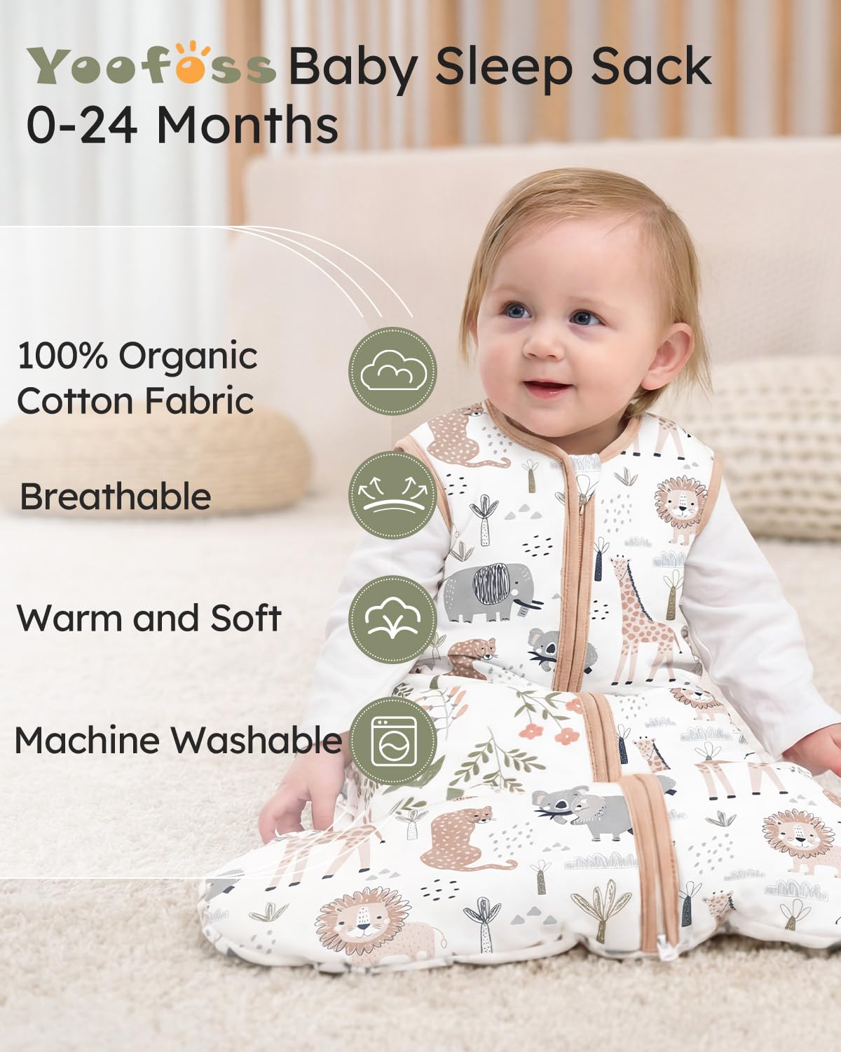 Yoofoss Baby Sleep Sack - 1.5 Tog Wearable Blanket for 12-18 Months | 100% Organic Cotton, Warm & Comfy
