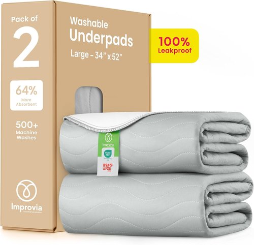 IMPROVIA® Washable Underpads - Heavy Absorbency Reusable Bedwetting Pads 34" x 52" | Waterproof Gray & White