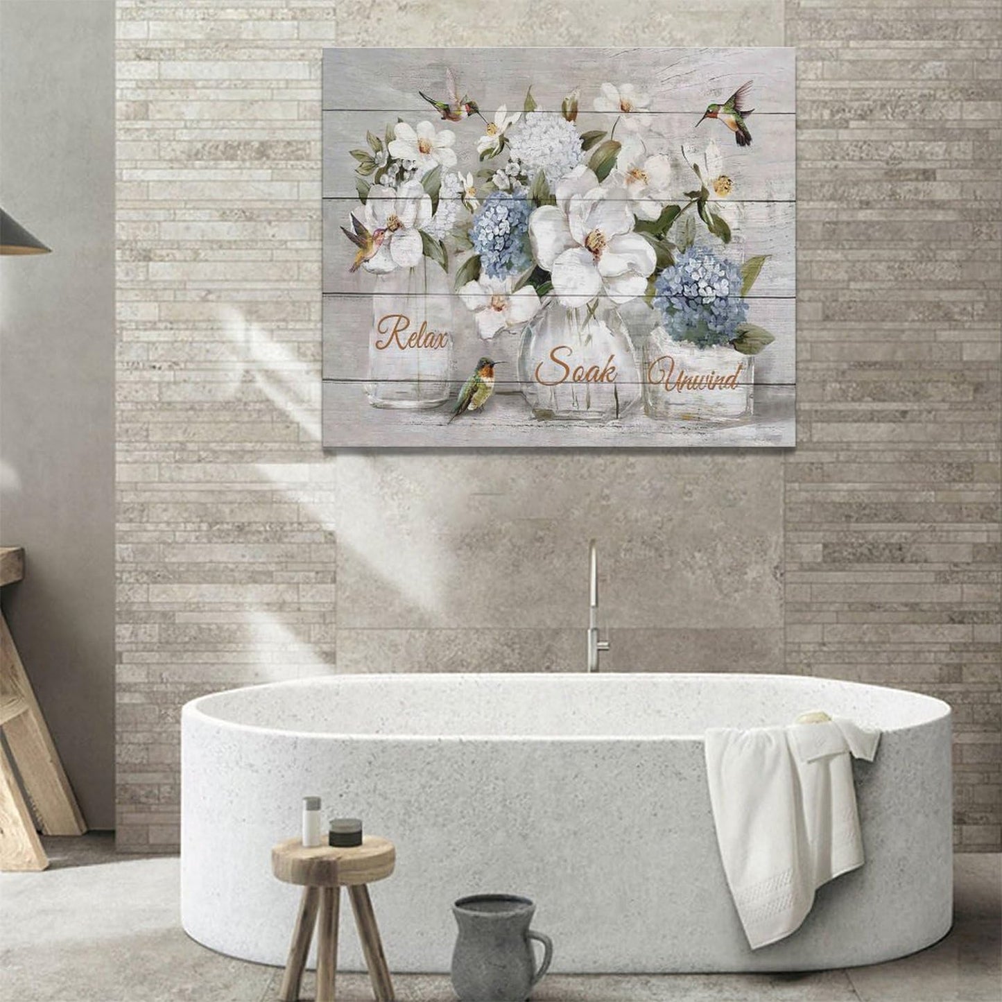 Farmhouse Flower Bathroom Decor Wall Art Rustic Hummingbird White Floral Pictures Wall Decor Relax Soak Unwind Bathroom Sign Canvas Painting Prints Artwork Home Decorations Framed for Bedroom 24"x20"