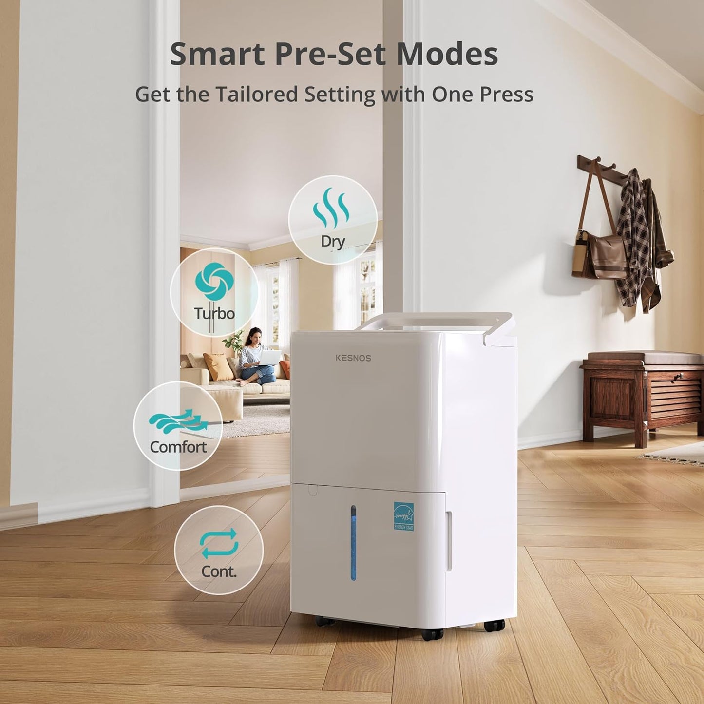 Kesnos Dehumidifier - Energy Star 2025 for Home & Basement | Ultra Quiet 36 dB, 0.39-Gallon Tank, 4 Modes