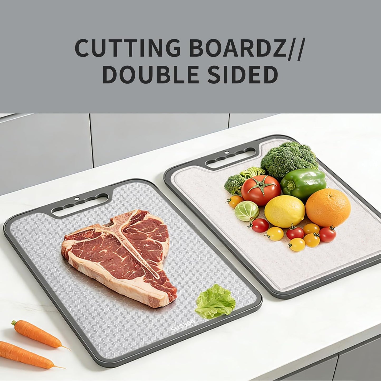 SUS304 Stainless Steel & Wheat Straw Cutting Board - 2-in-1 Double Sided, Non-Slip | 16"x11" Dishwasher Safe