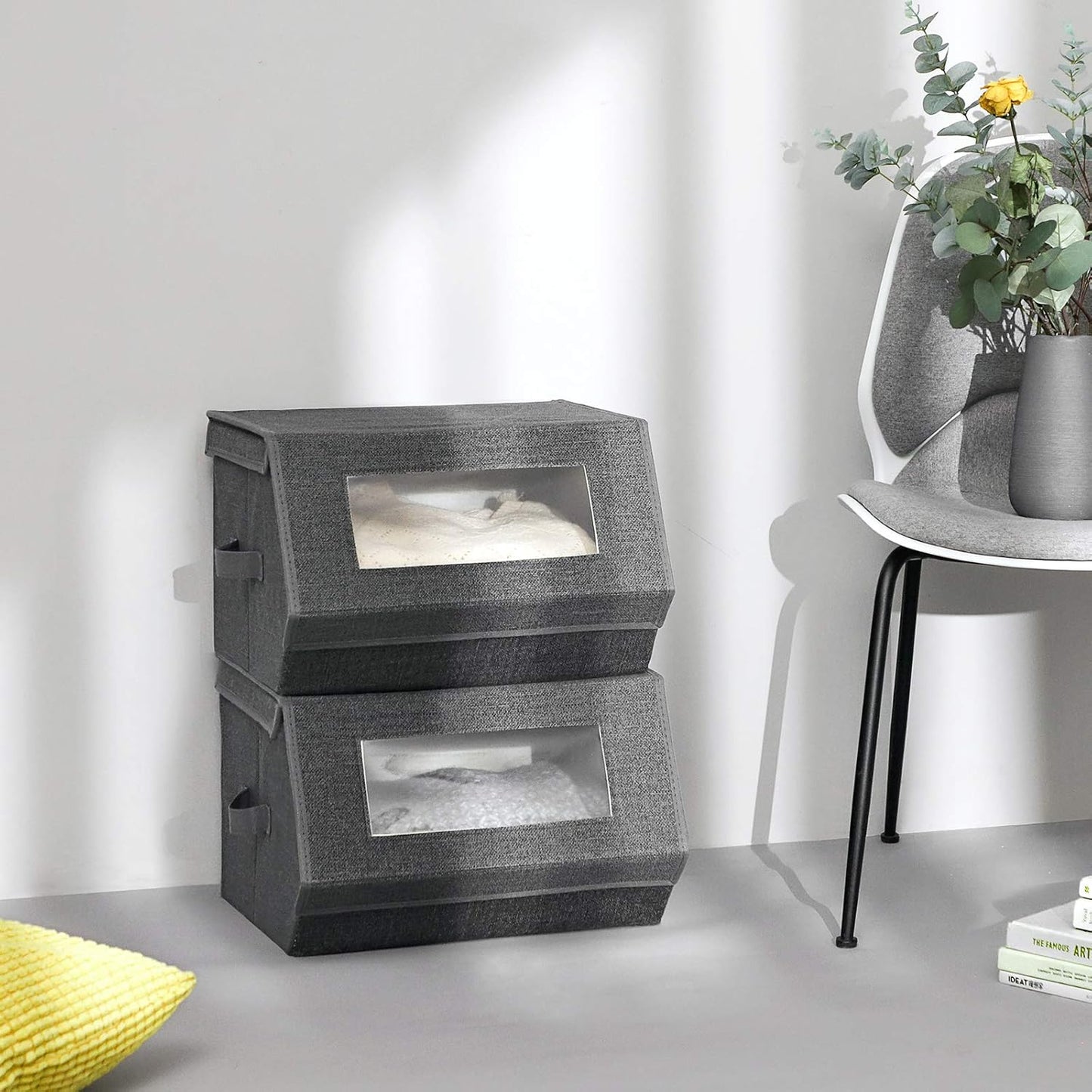 SONGMICS Stackable Storage Bins - Set of 2 Non-Woven Fabric Organizers with Lids & Windows | Dark Gray