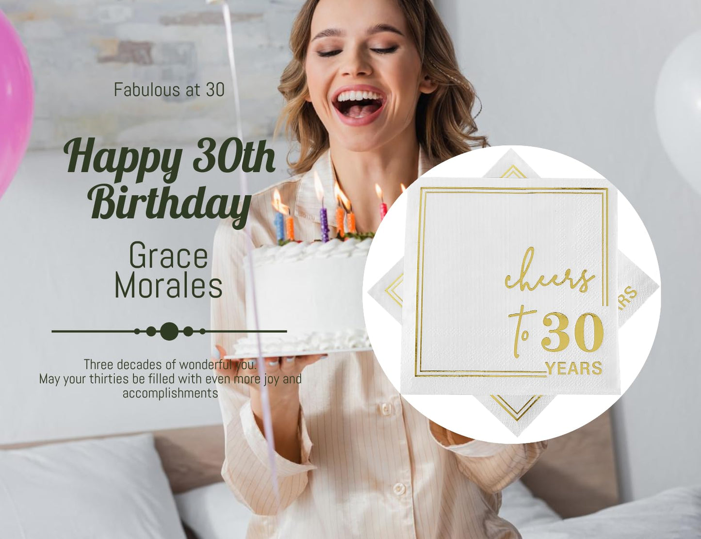 Ottin White Gold Cheers to 30 Years Cocktail Paper Napkins, 5x5 Inches, 50 Counts, 3-Ply Disposable Party Napkins for 30th Birthdays Decorations, Anniversaries, Weddings, Indoor & Outdoor Celebrations