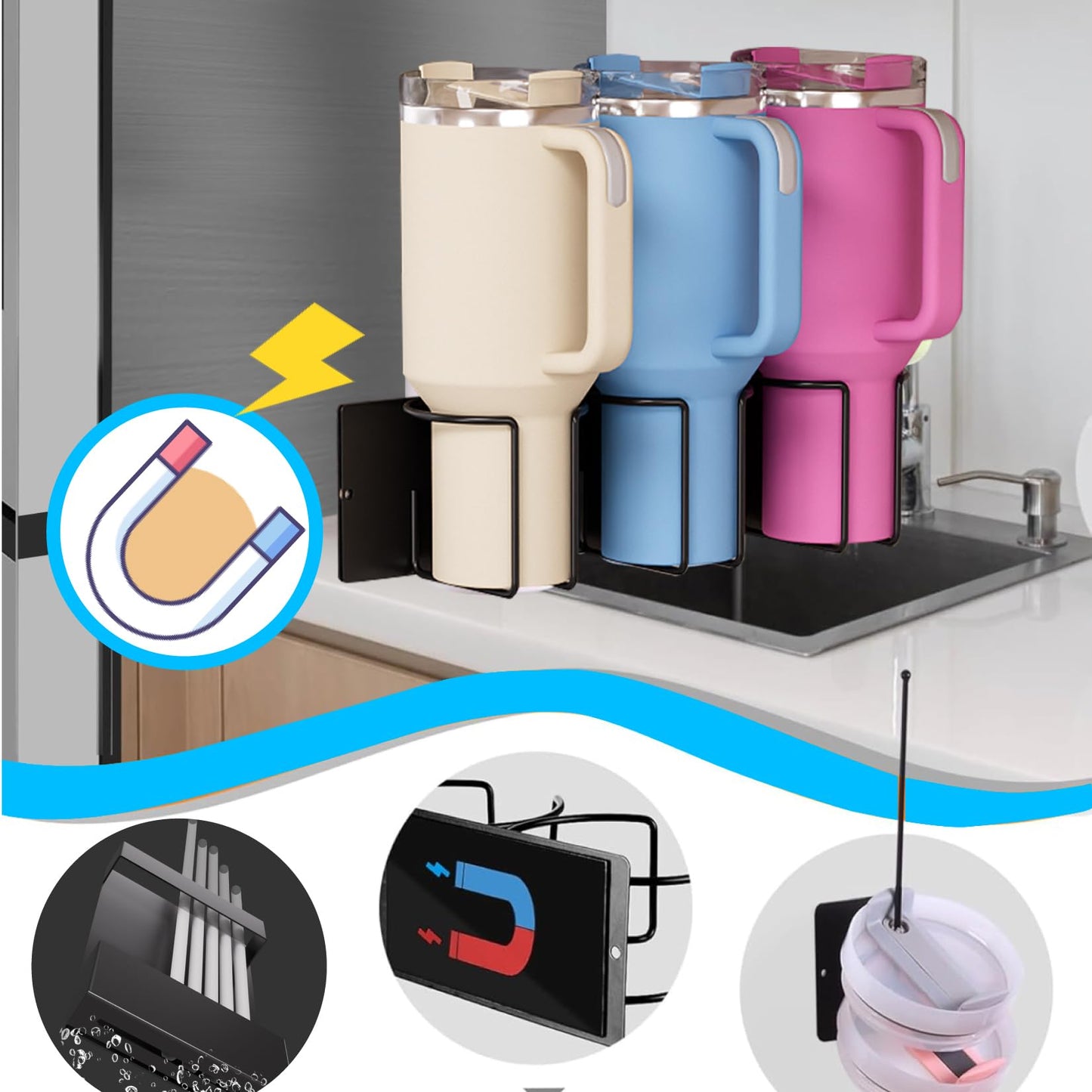 HGZBS Magnetic Cup Holder Set - Universal Organizer Fits Stanley 20/30/40oz & All Cups up to 3.25 Inches Wide, Modular Rack with Lid and Straw Holders (Black, 8 Cup)