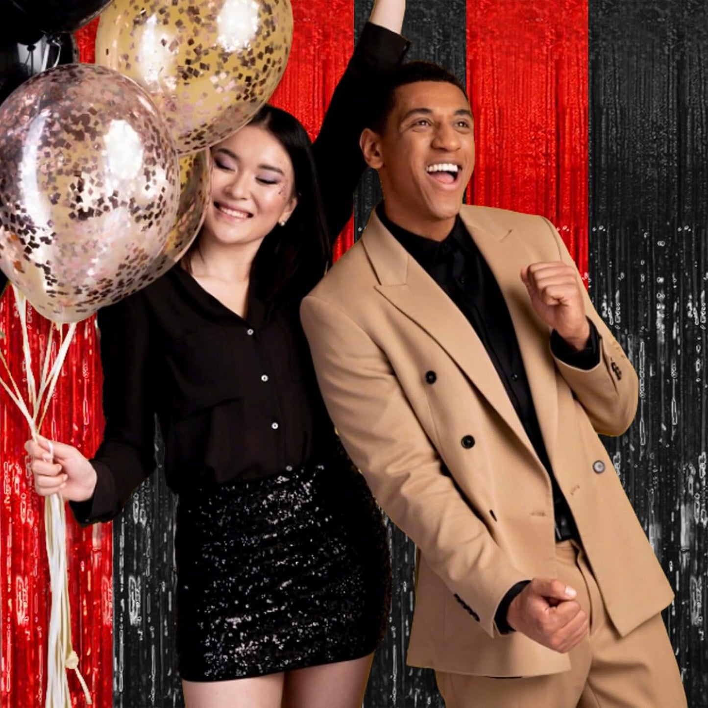 Party Backdrop Streamers - 10 Pack Black & Red Foil Fringe Curtains for Birthday & Holiday Decor