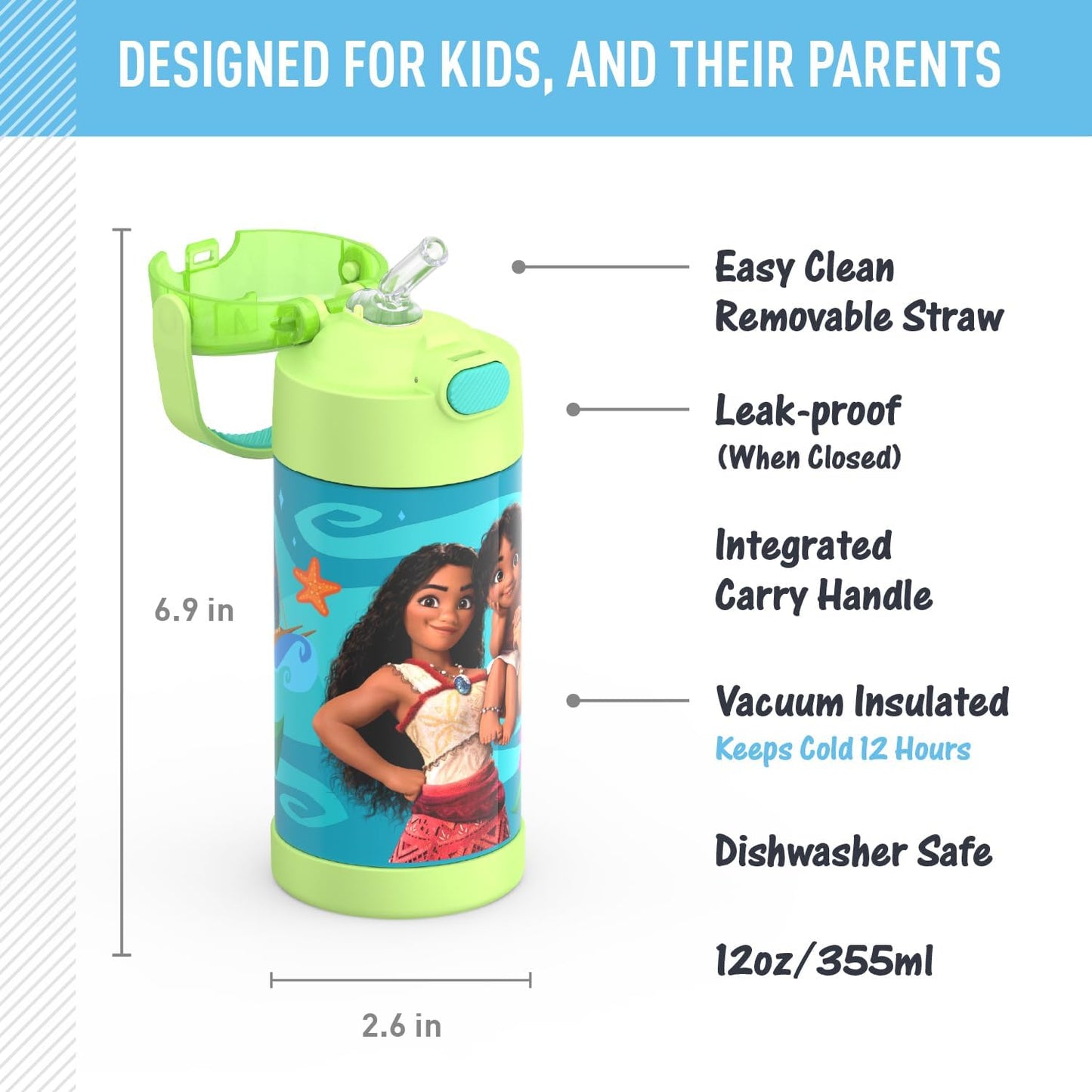 THERMOS FUNTAINER Water Bottle - 12 Ounce Kids Stainless Steel Vacuum Insulated with Straw | Moana Design