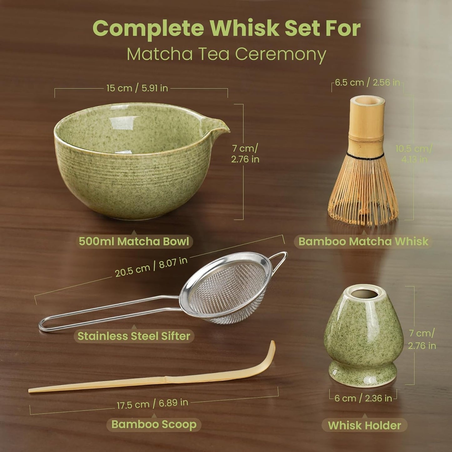Skiennix Matcha Whisk Set - Complete 5-Piece Kit with Ceramic Bowl, Bamboo Chasen & Stainless Steel Sifter