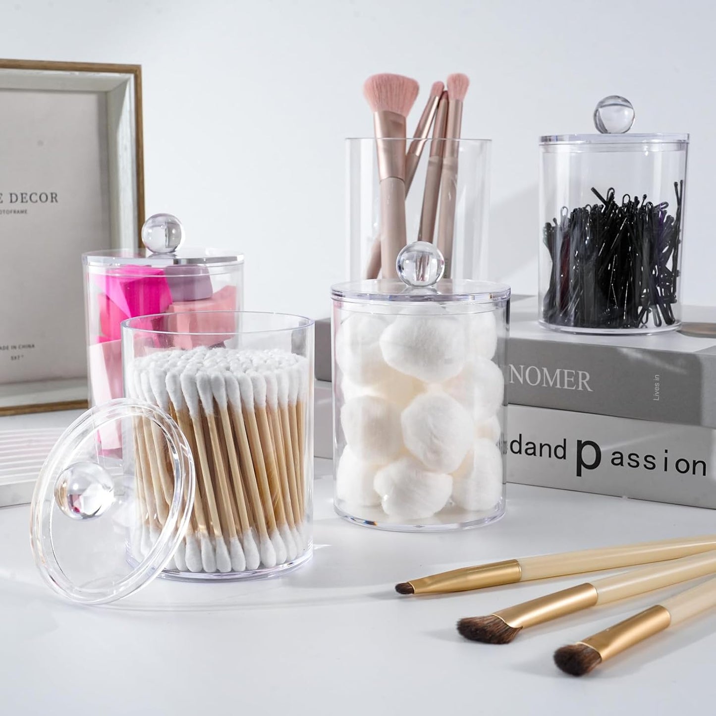 XIPENGKEJI Qtip Holder Set - 6 Pack Apothecary Jars with Lids for Cotton Swabs & Pads | Clear 10oz-12oz