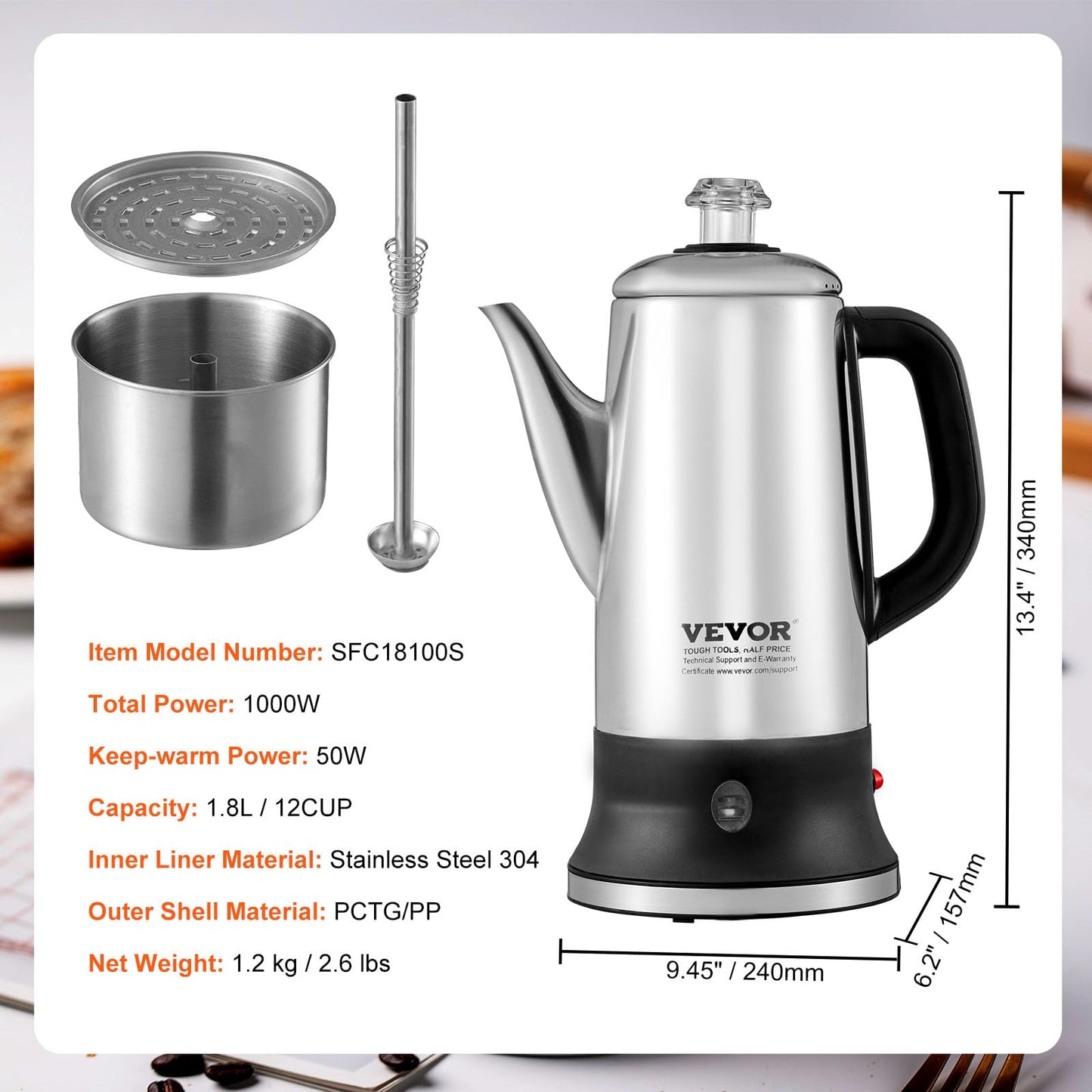 VEVOR 12-Cup Electric Percolator Coffee Pot, 304 Stainless Steel Body Coffee Percolator with Keep Warm Function & Heat-Resistant Handle, Classic Coffee Maker, Quick Brew & Easy-Pour Spout, Silver