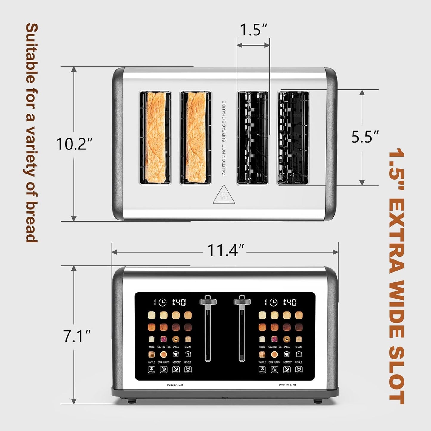 Skiennix 4-Slice Toaster - Touch Screen Control, 8 Shade Settings, Dual Panel, 1650W - Grey Finish