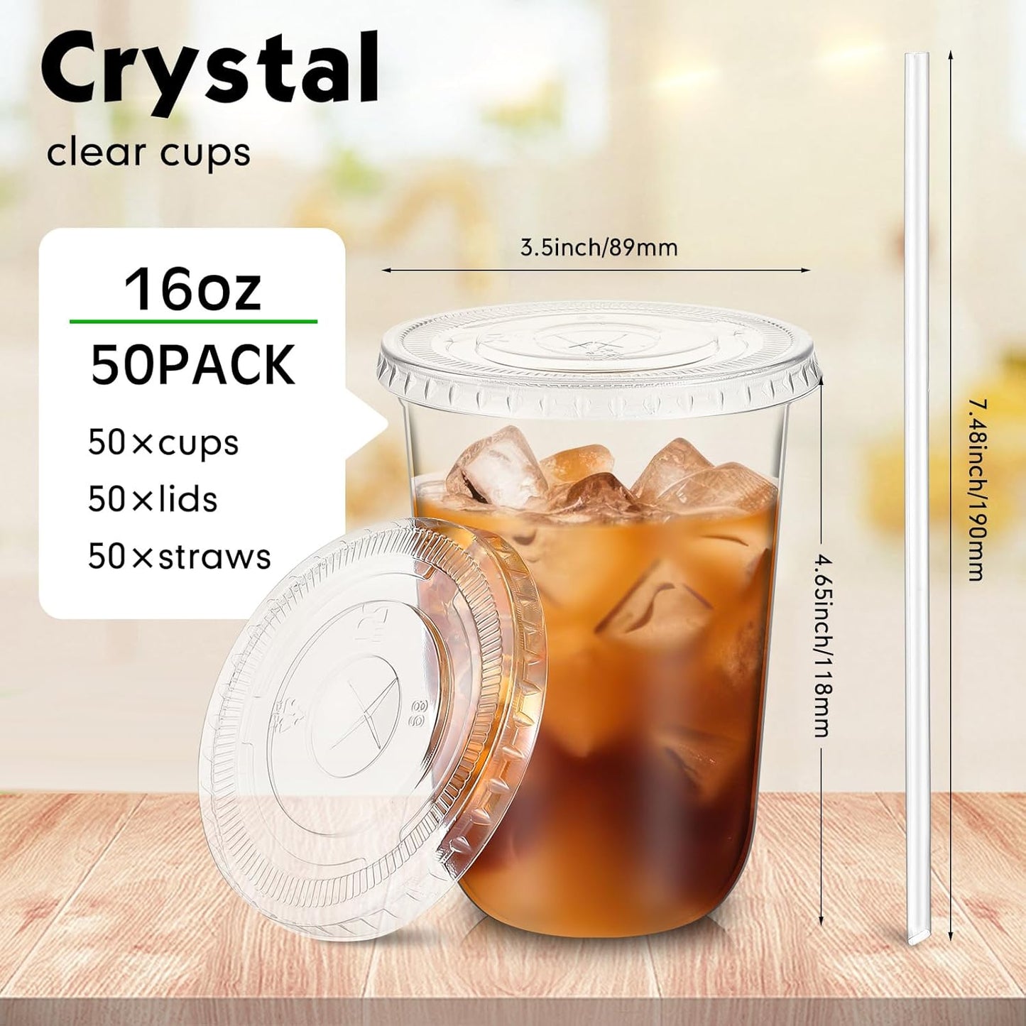 Ziliny 50 Sets Clear Plastic Cups - Disposable Iced Coffee Cups with Lids & Straws | 16 oz, Clear