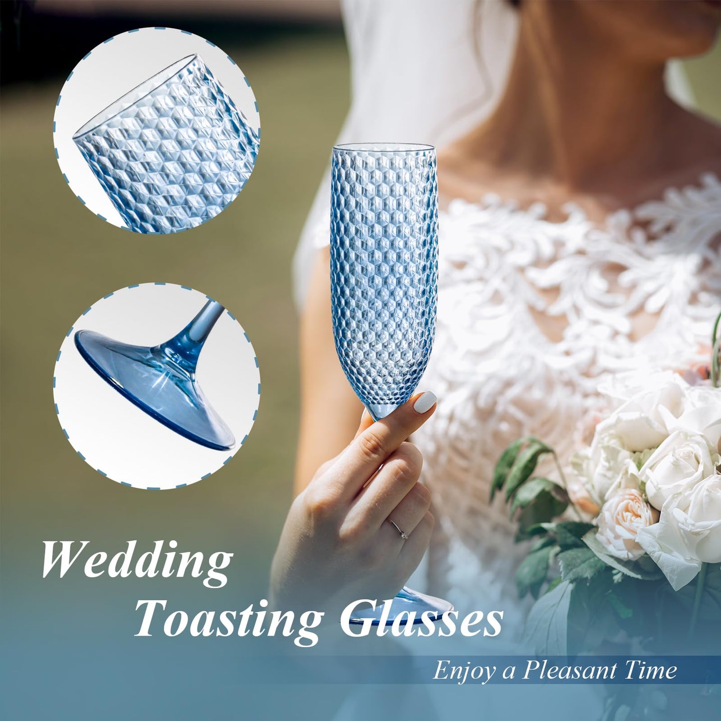 12 Pack Plastic Champagne Flutes Vintage Light Blue Goblet Champagne Glasses Unbreakable Wedding Toasting Glasses Diamond Wine Glasses Crystal Wine Cups Clear Drinking Glasses 5.5 OZ for Bridal Shower