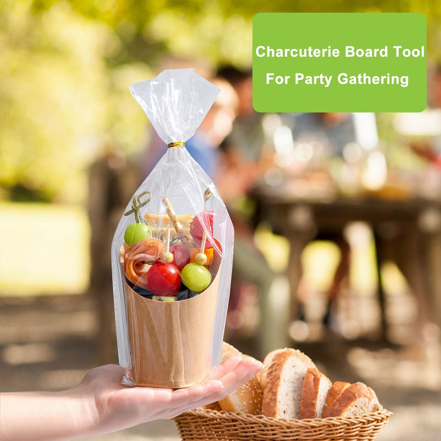100 Pcs Charcuterie Cups with Sticks 12oz, Individual Disposable Handheld Holder with 100 Bags+100 Lables+200 Cocktail Skewers Tooth Picks, Paper Appetizer Board Snack Boxes for French Fry, Brown