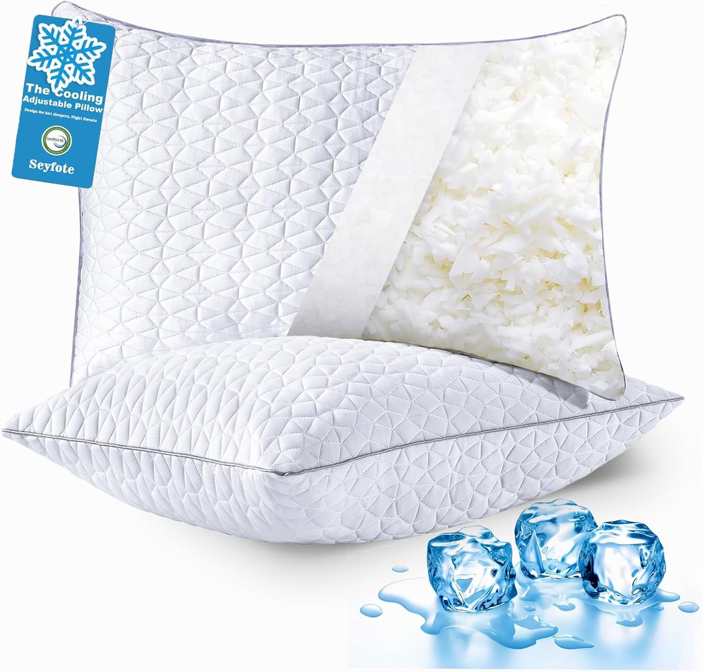 Skiennix Cooling Pillows - Adjustable Shredded Memory Foam Set of 2 | Queen Size 20" x 30", White