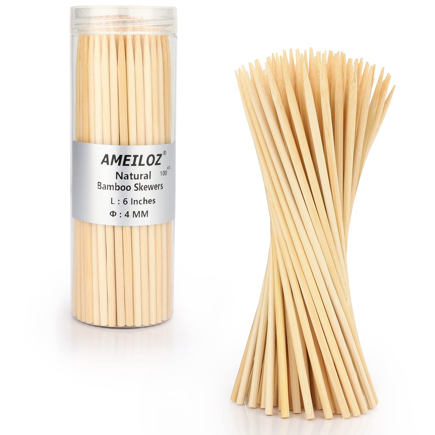 6" Bamboo Wood Skewers for BBQ, Kabob, Appetizer, Fruit, Sausage, Chocolate Fountain, Natural Wooden Barbecue Kebob Skewer Stick, Organic Food Sticks for Grilling, Kitchen (Φ=4mm Thick, 100PCS)