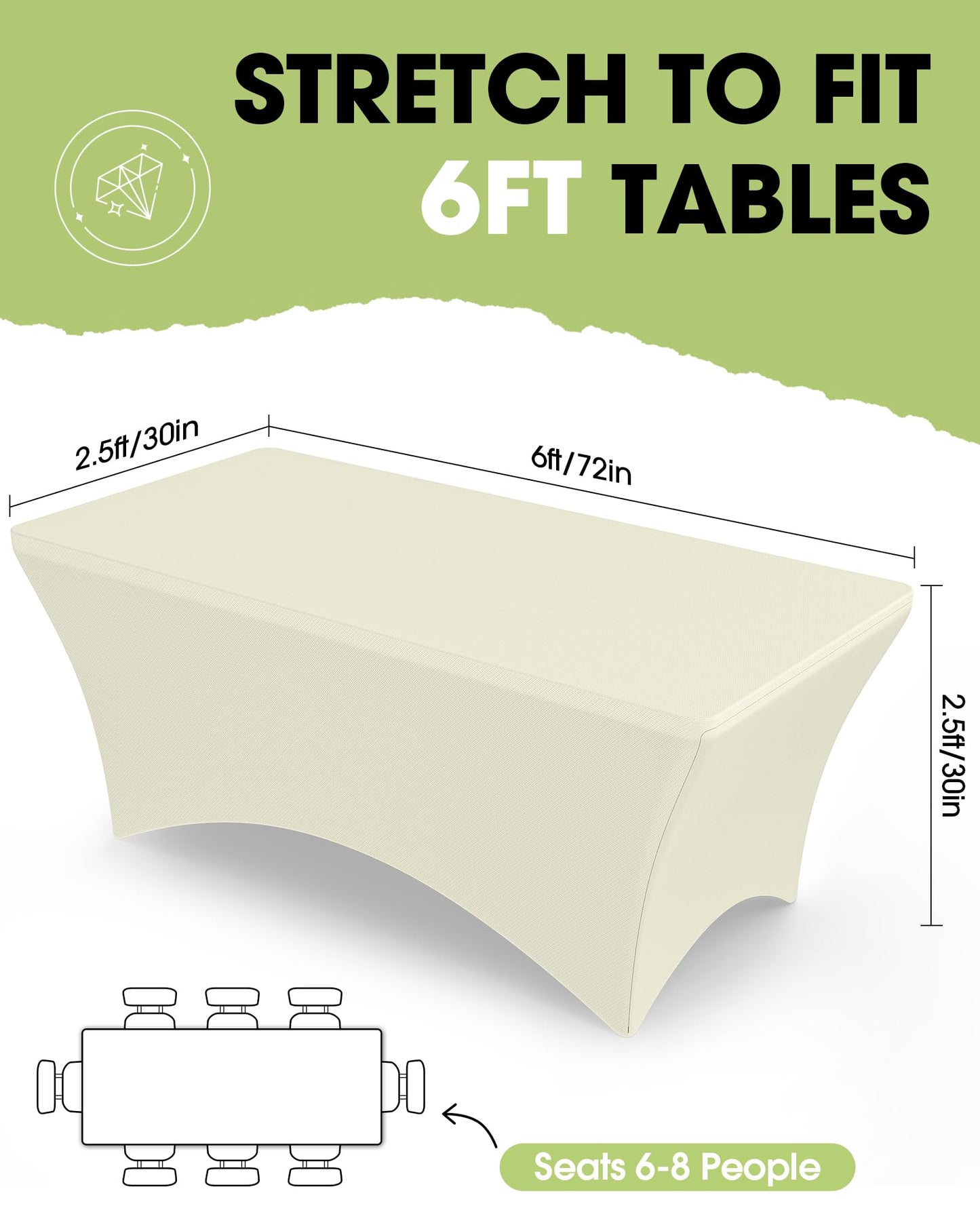 Pureegg Spandex Tablecloth 6ft - 2 Pack, Fitted and Tight Cloth for Rectangle Table, Wrinkle-Free and Stretch Table Cover for Party, Wedding, Banquet and Birthday, Ice Cream, Ivory