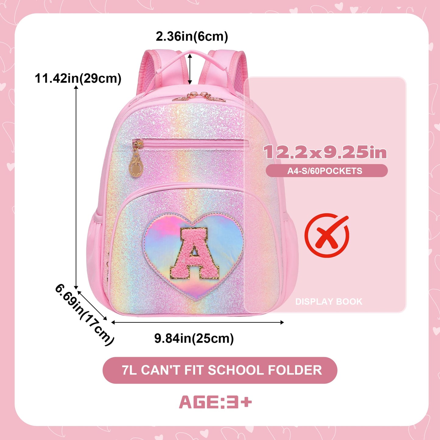 I IHAYNER Glitter Kids Backpack for School Travel & Daycare, Cute Pink Backpack with Initial, Lightweight Preschool Elementary Backpack for Girls, Personalized Gifts for Toddler & Little Girls