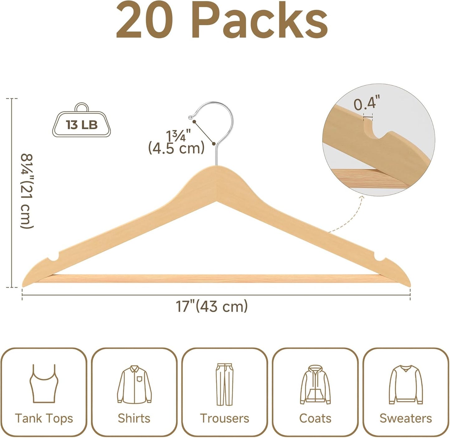 StorageWorks Wooden Clothes Hangers - 20 Pack for Coats, Shirts, Jackets & Suits | Natural Wood Finish