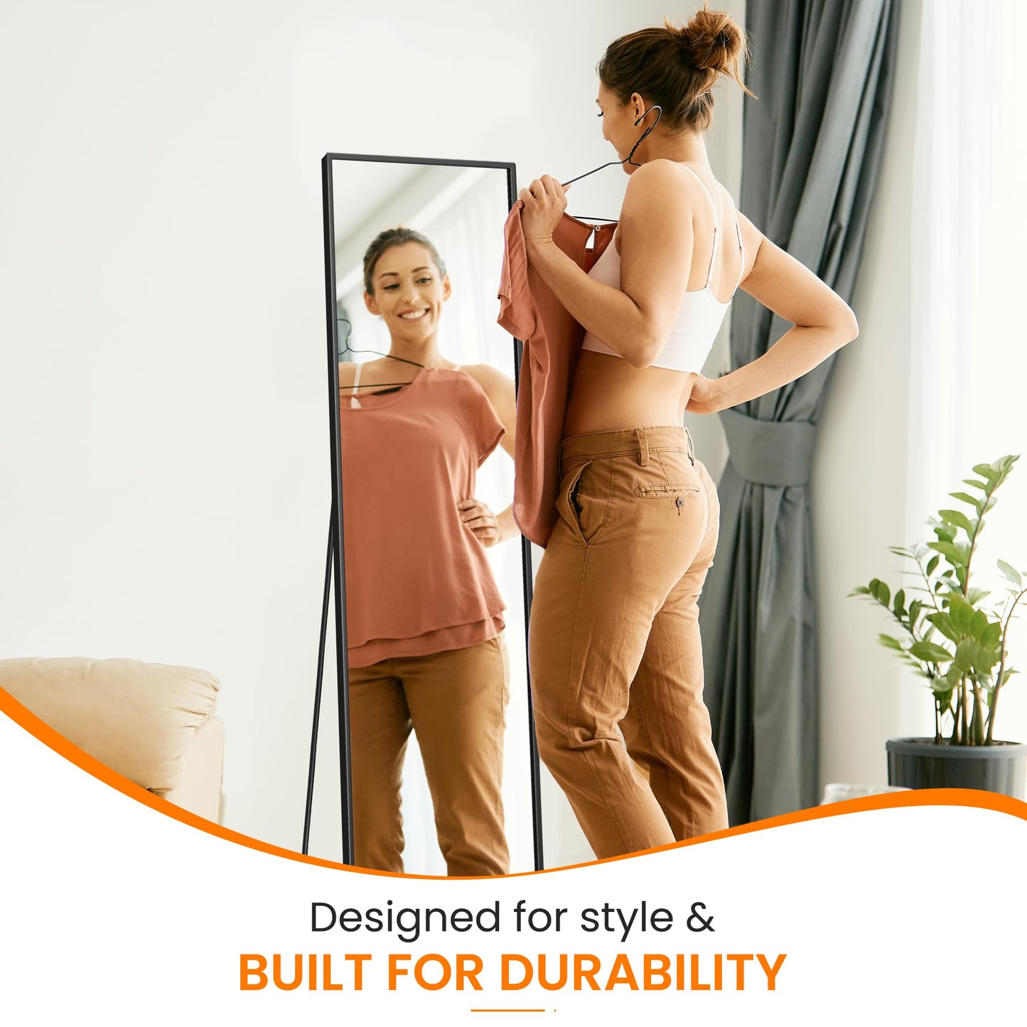 TRAHOME Full Length Mirror, 56" x 15" Standing Large Floor Mirror with Aluminum Frame for Bedroom, Living Room, Bathroom（Black