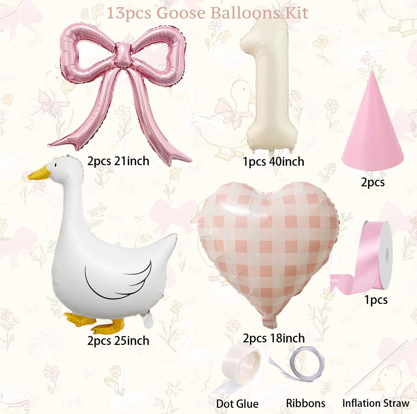 One Silly Goose 1st Birthday Decorations Girl – 40 Inch Number 1 Balloon, Goose Balloons with Pink Bow & Hats, Cute Baby Girl First Birthday Party Supplies