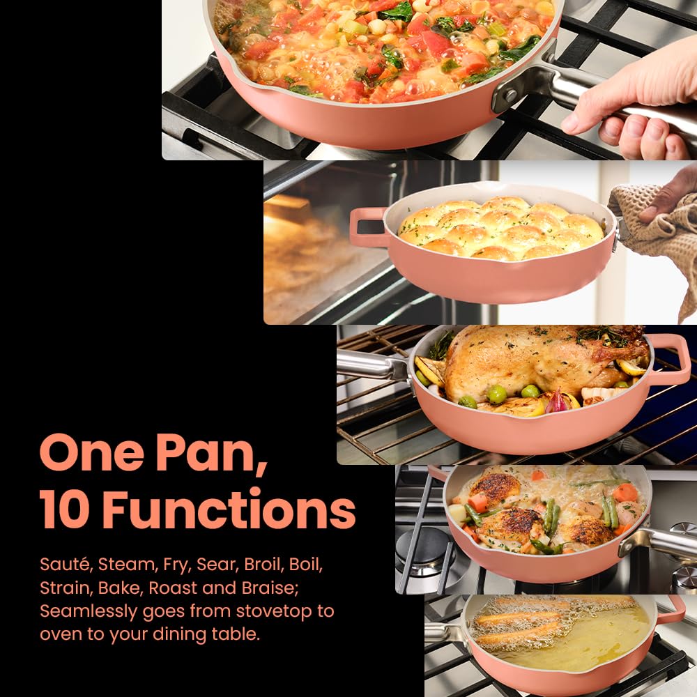 Nutricook 10.5” Ceramic Nonstick Pan with Lid, Steamer & Spatula | Oven Safe, Induction Compatible | 10-in-1 Multi-Function Cookware for Saute, Frying, Searing, Steaming & Baking, Canyon Sunset