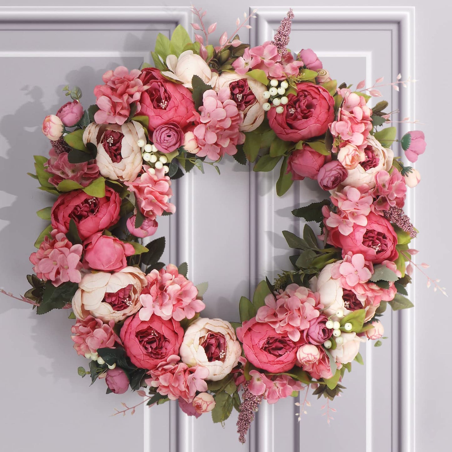 Wreath 26 Inches - Peony Flower Spring Wreaths for Front Door Outside - Summer Floral Bud Wreath -Handmade Door Wreaths,Pink&Purple&Green