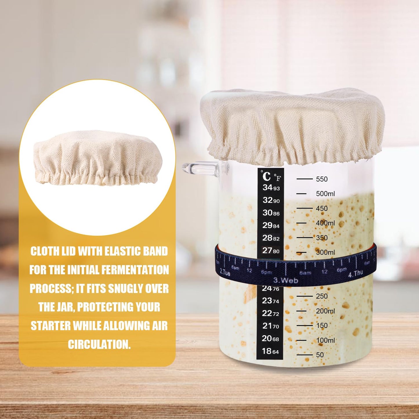 7pcs Replacement Set for Sourdough Starter Jar, Sourdough Starter Kit with Cloth Cap Silicone Spatula Date Band Temperature Paper for Yeast Bread Baking Supplies