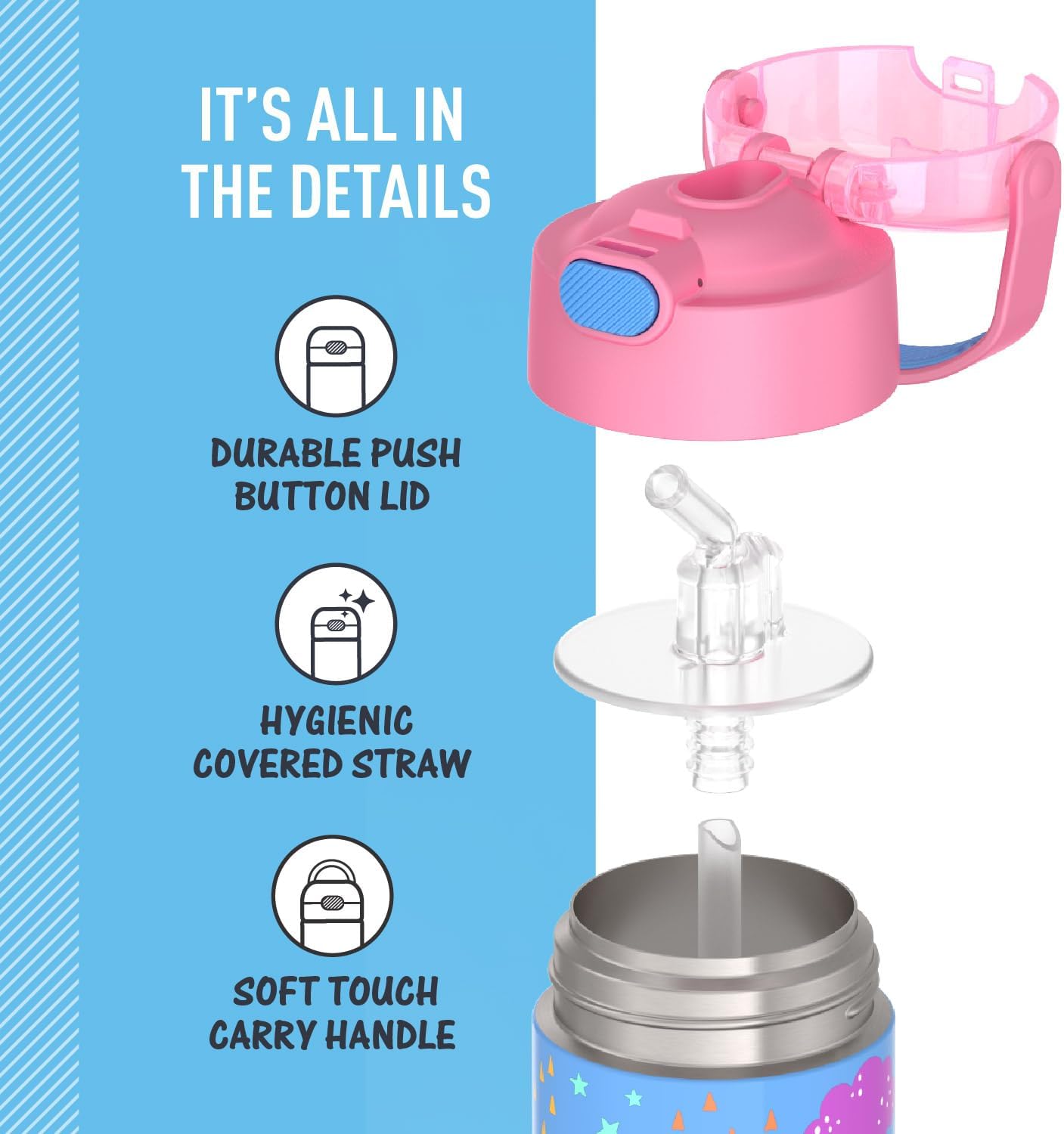 THERMOS FUNTAINER Water Bottle - 12 Ounce Kids Stainless Steel Vacuum Insulated with Straw | Rainbow Dreams