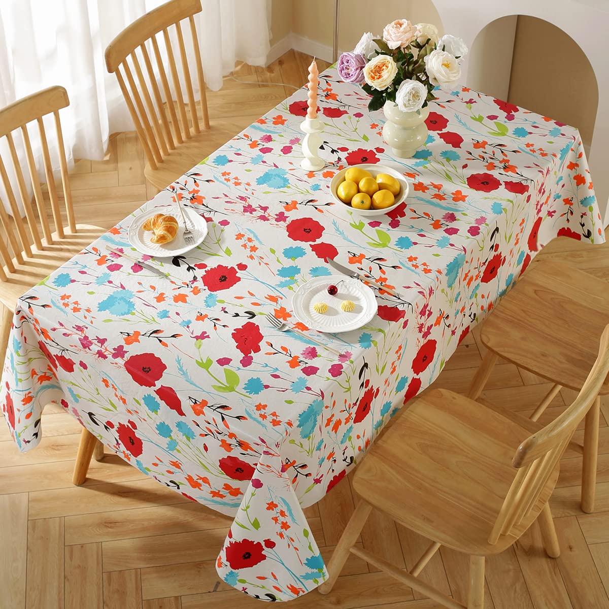 SASTYBALE Spring & Summer Floral Vinyl Tablecloth 60x120 Inch Rectangle, Waterproof Wipeable Spillproof Table Cover with Flannel Backing for Dinners, Holiday Gatherings, Indoor & Outdoor Parties