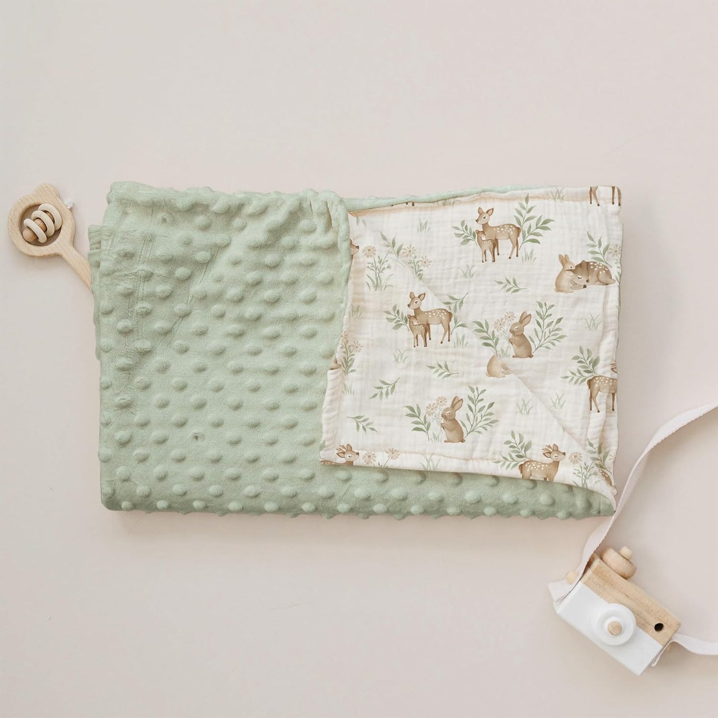 Konssy Baby Blanket - Super Soft Minky with Muslin Cotton Front & Dotted Fleece Back | Unisex Newborn Throw