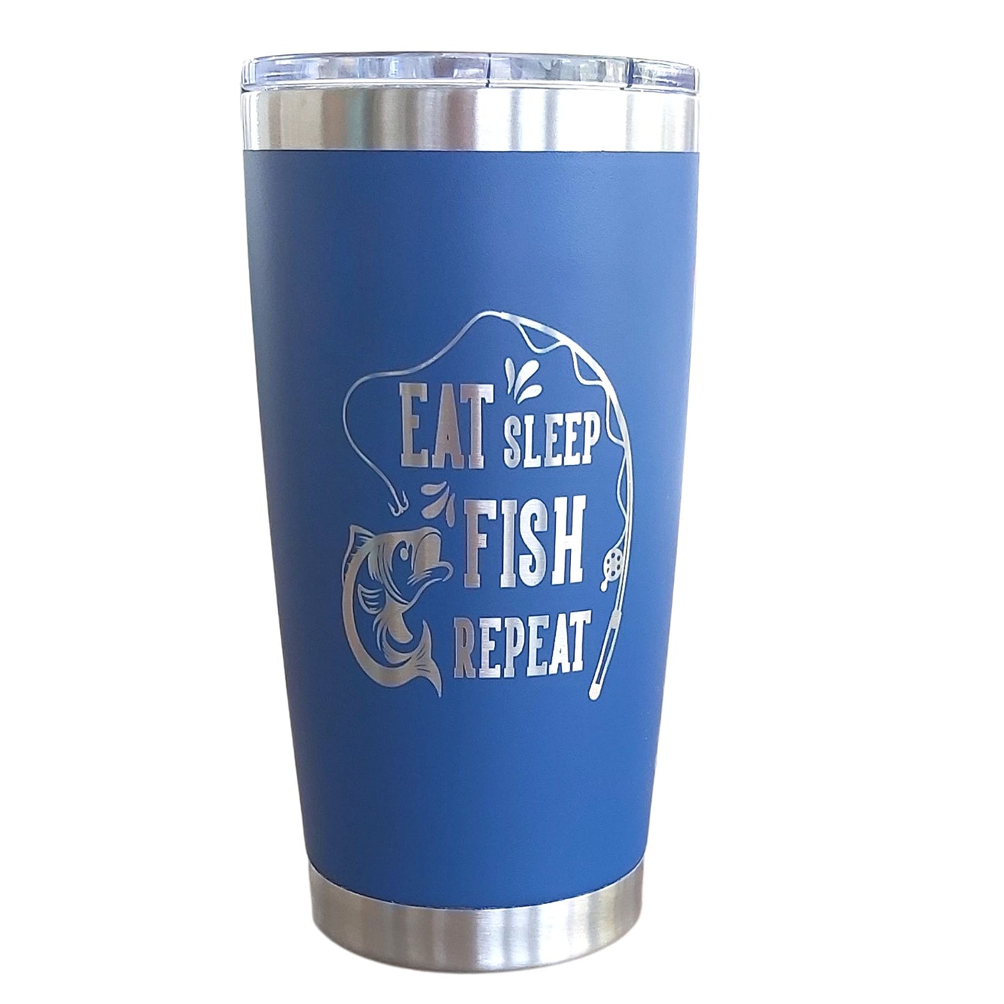 Eat Sleep Fish 20oz Stainless Steel Tumbler with Lid (Royal Blue), Fishing Travel Mugs for Men, for Him,