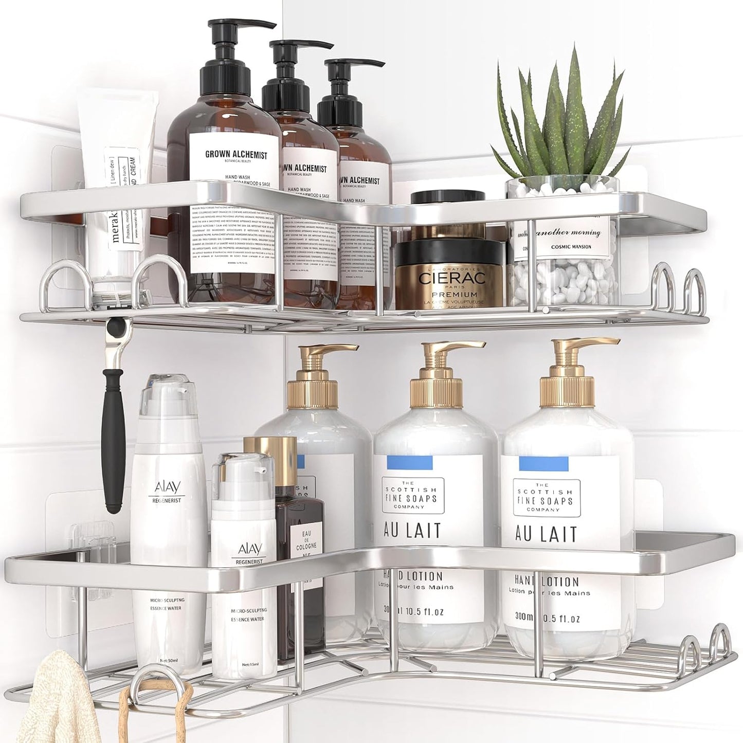 Sakugi Corner Shower Caddy | Rustproof Stainless Steel Organizers - 2 Pack with 8 Hooks, No Drilling, Silver